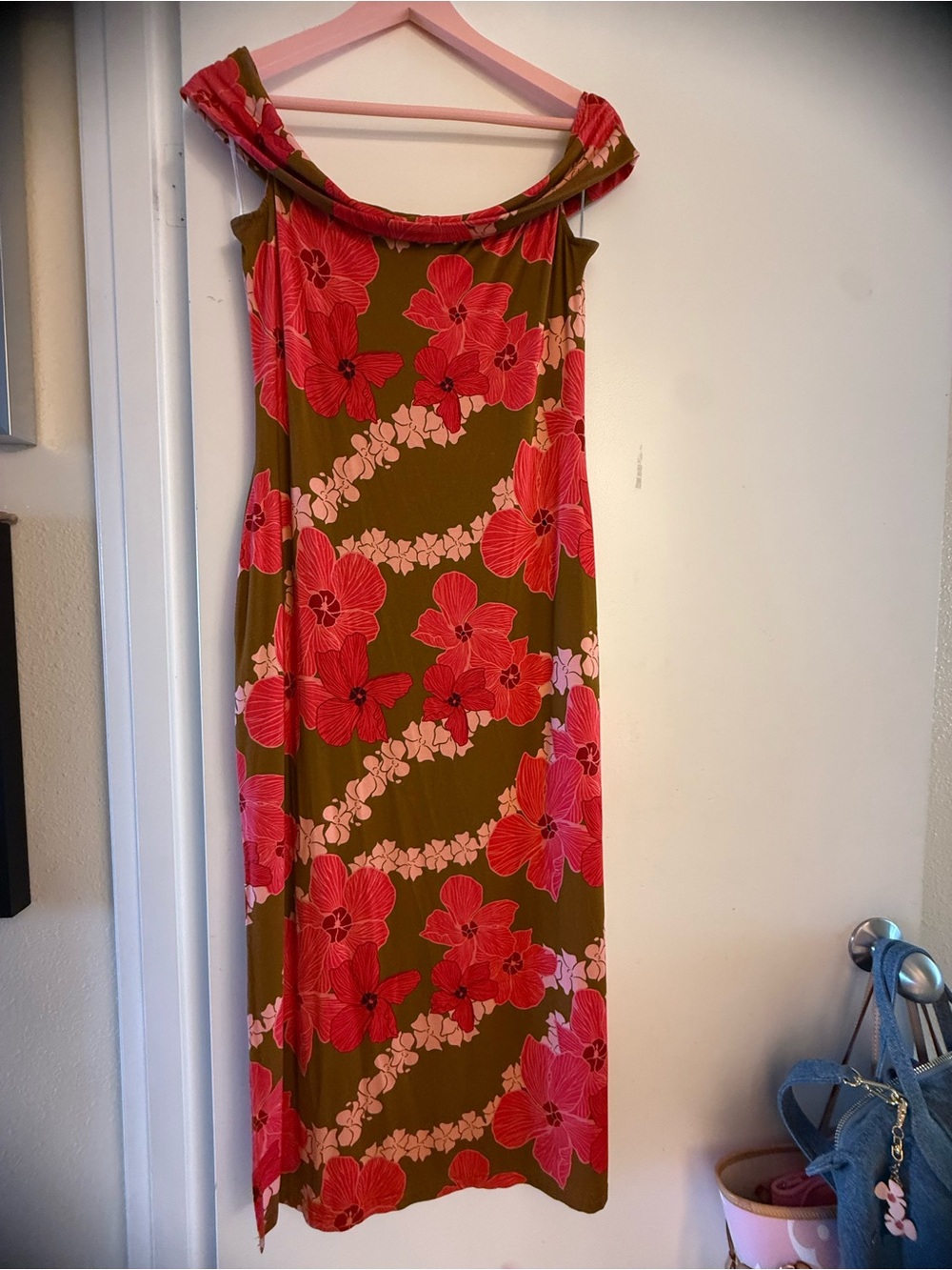 Olive Green Floral Off-Shoulder Maxi Dress